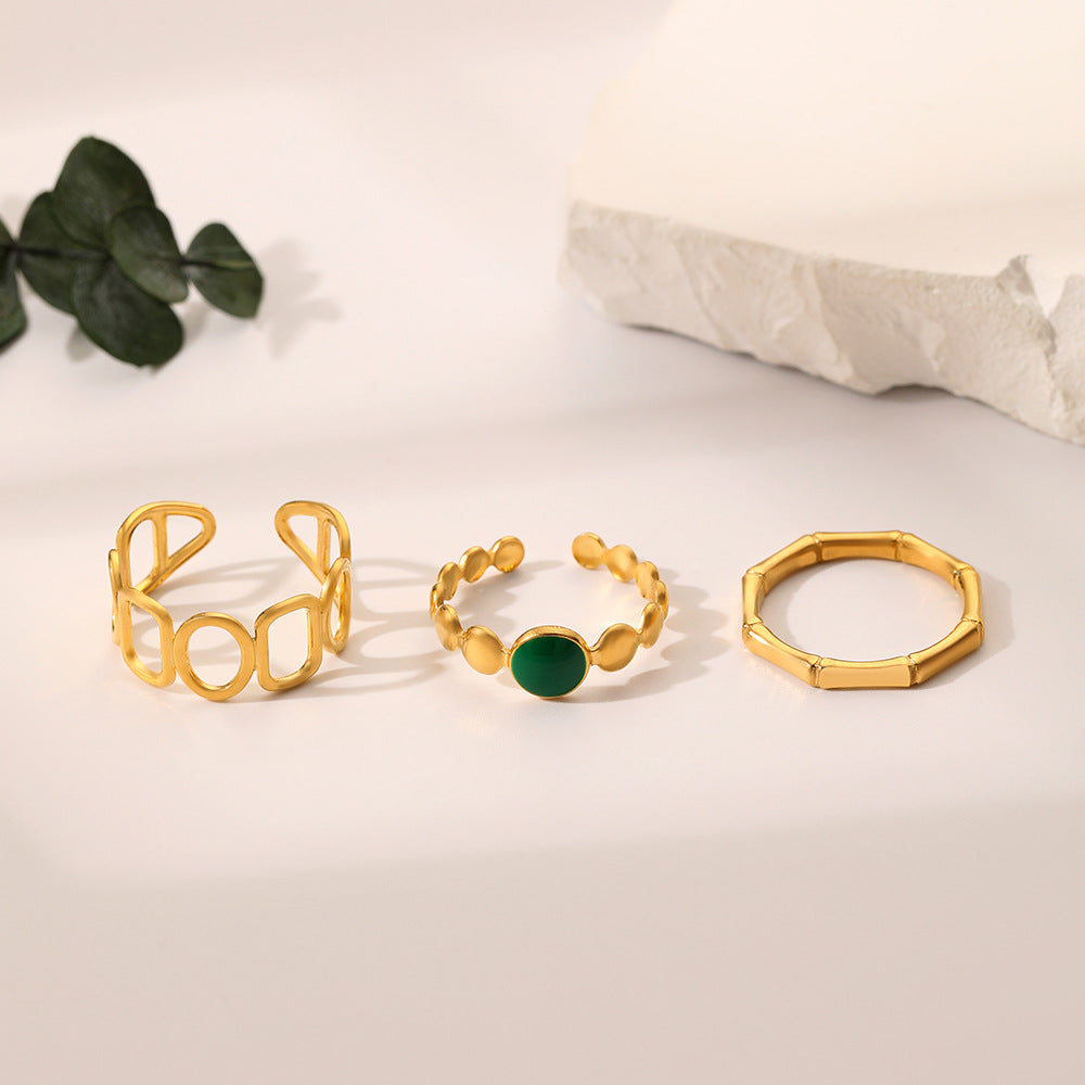 Wholesale Stainless Steel Gold Opening O-shaped Circular Vintage Oil Dropping Green Three Piece Ring Set